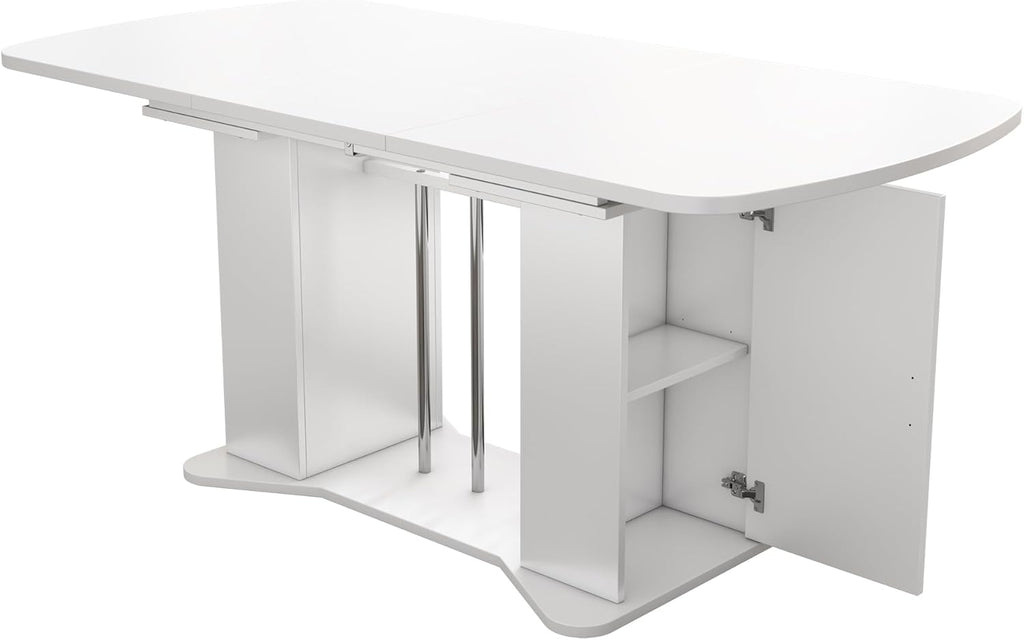 Mesa de comedor extensible moderna Bladez con espacio de almacenamiento, 120-160 cm x 80 cm, MDF en blanco, patas de metal plateado, mesa de cocina multifuncional para 4-8 personas, mesa de comedor
