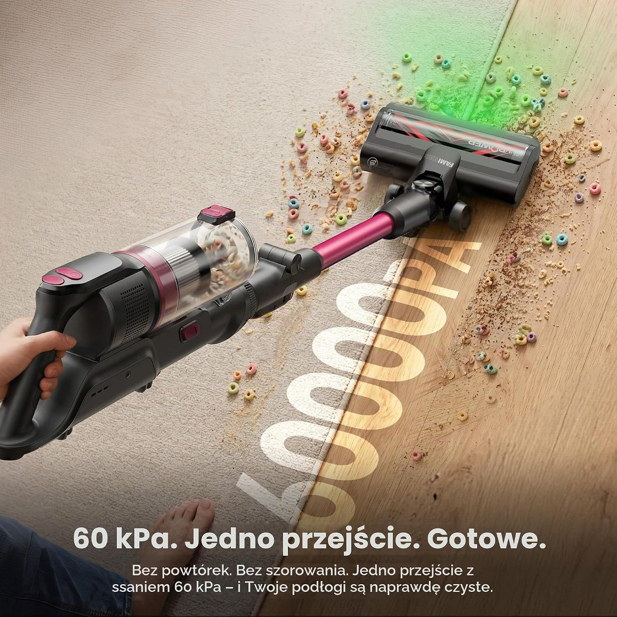 FAMIVAC FV3 Bezprzewodowy Odkurzacz Pionowy 60KPa/50Min/120㎡, Składana Rura, Samostojący, Antyplątaninowa Szczotka, Zielone LED, Odkurzacz Ręczny do Podłóg/Dywanów/Sierści