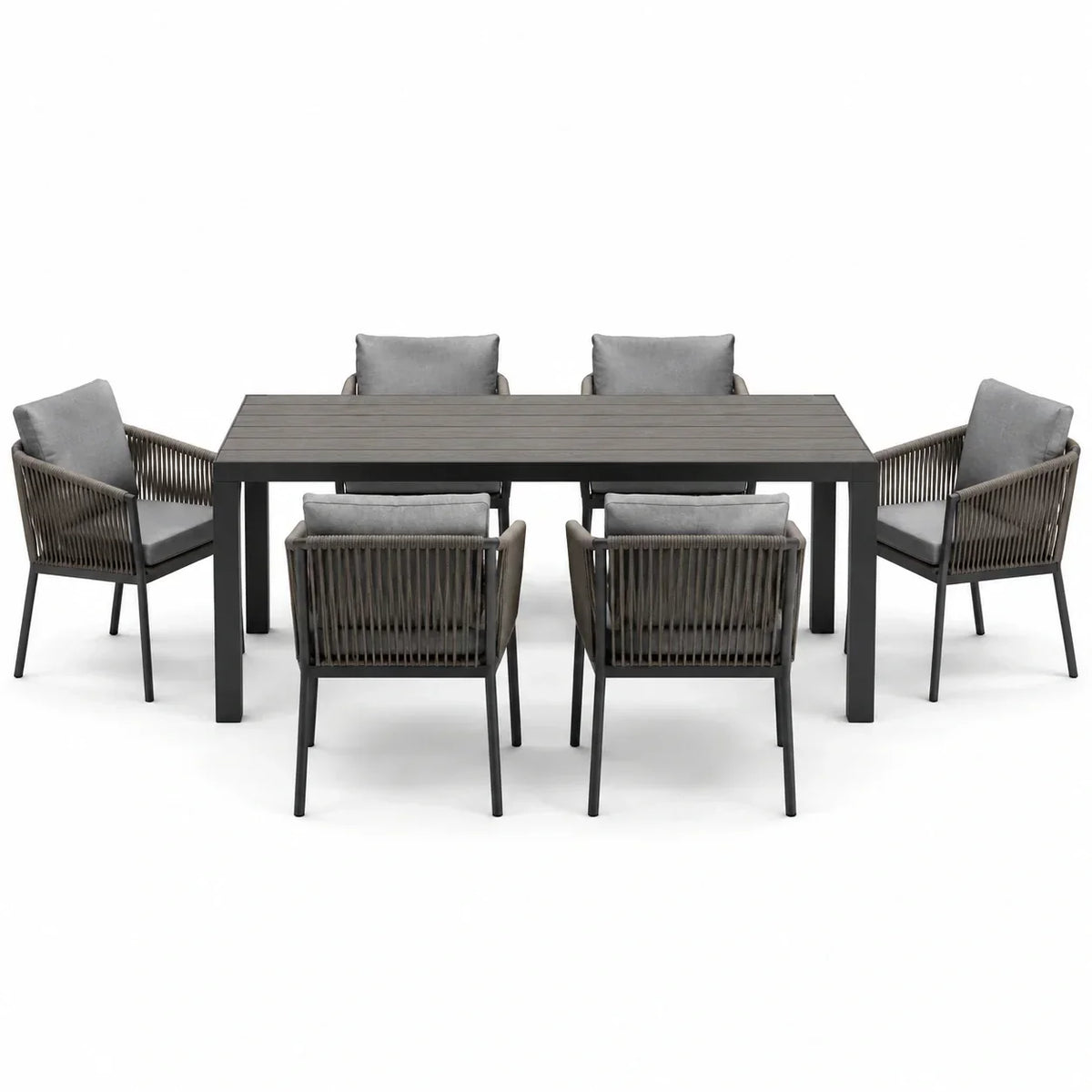 Conjunto de comedor de jardín de aluminio de 6 plazas con tablero de mesa de Polywood y coj ines grises