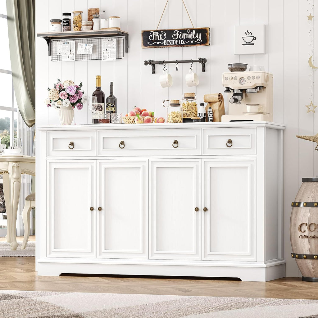Aparador FirFurd, mueble de cocina con encimera, armario buffet para cocina y salón, mueble de salón con 3 cajones y 4 puertas, buffet de cocina con estante ajustable, 134x87x40 cm, blanco