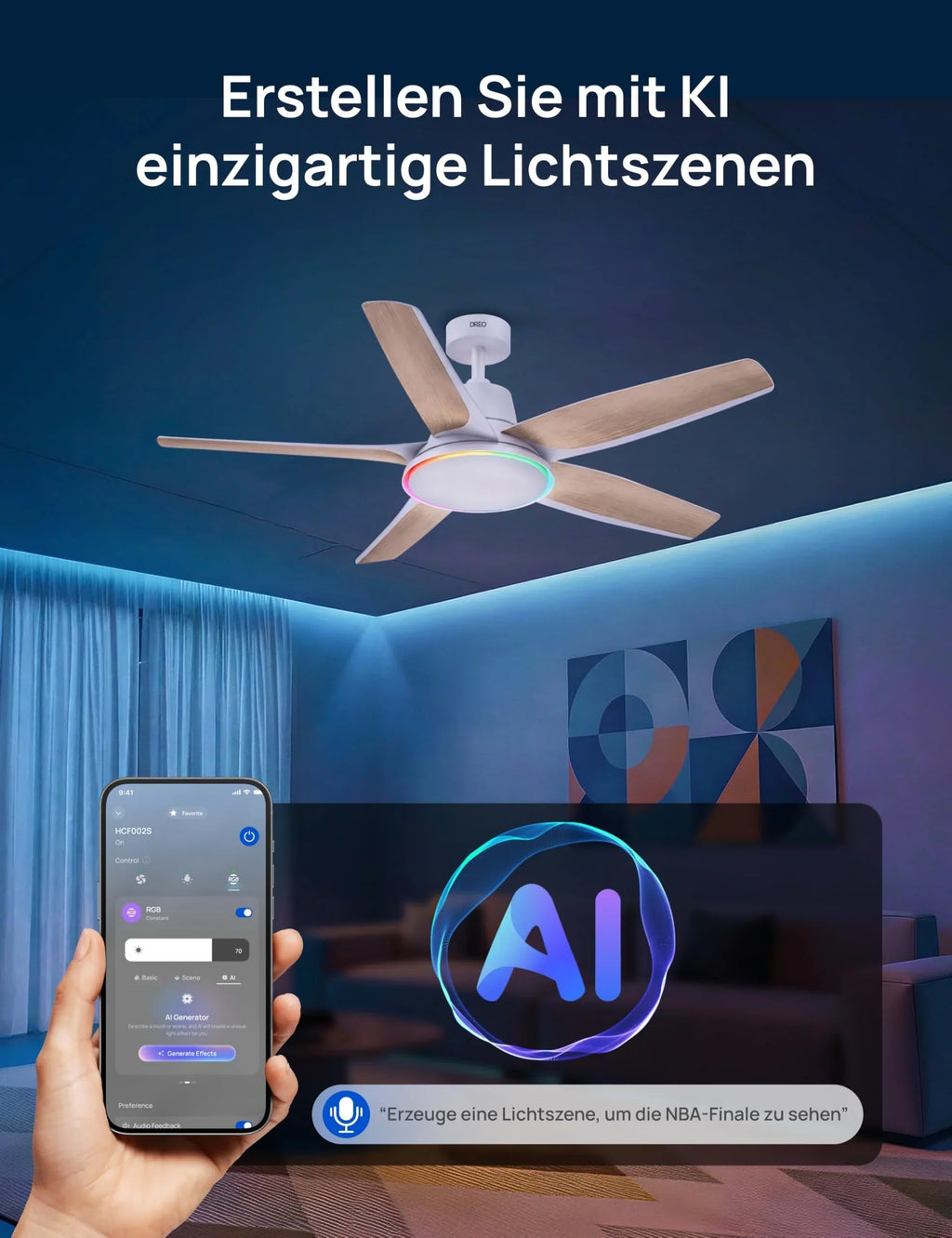 Ventilador de techo con luz LED de 132 cm, regulable, luz ambiental RGB, motor CC de 54 W, control por aplicación y Alexa
