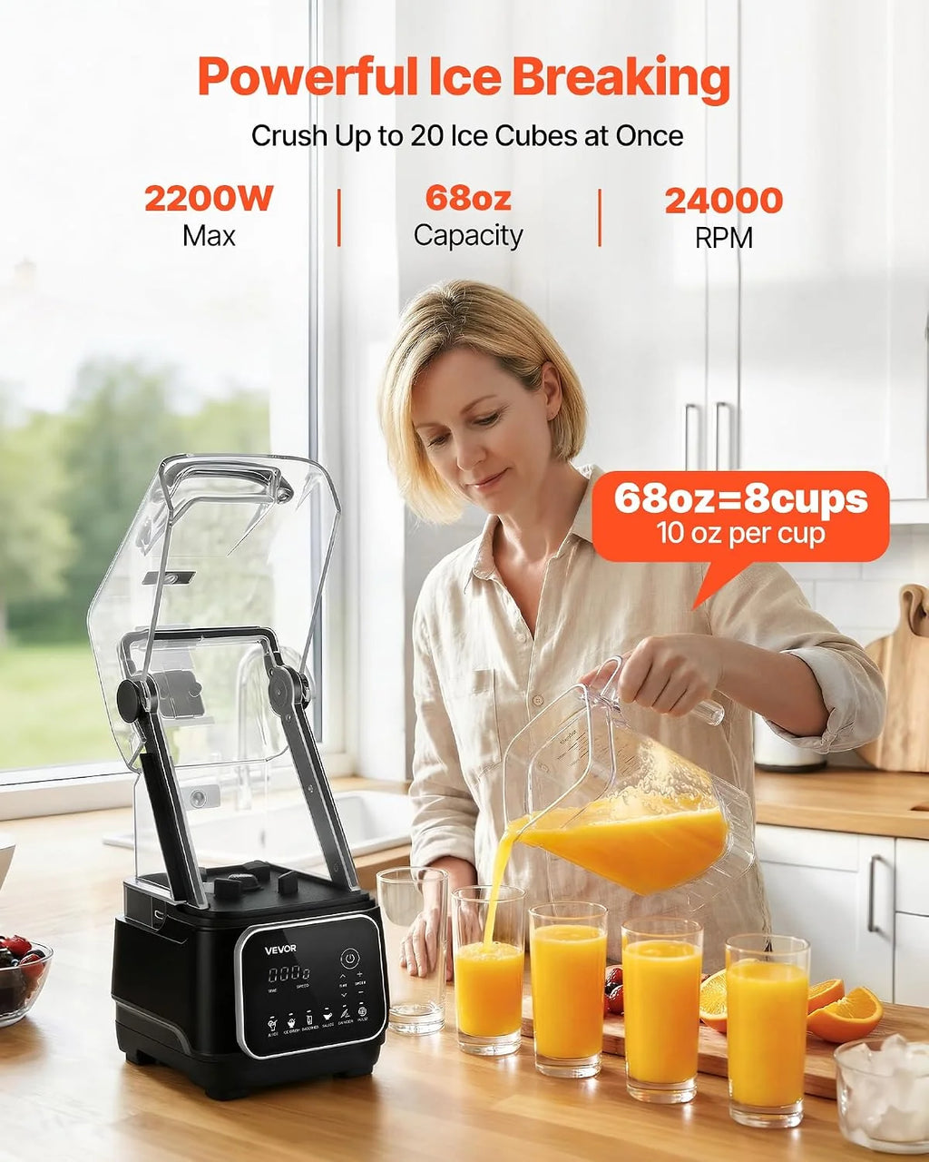 VEVOR Elektryczny blender stołowy do smoothie, 2 litry 2200 W prędkość 26000 obr./min, rozdrabniacz do soków owocowych, samooczyszczanie, 6 zaprogramowanych programów, czarny