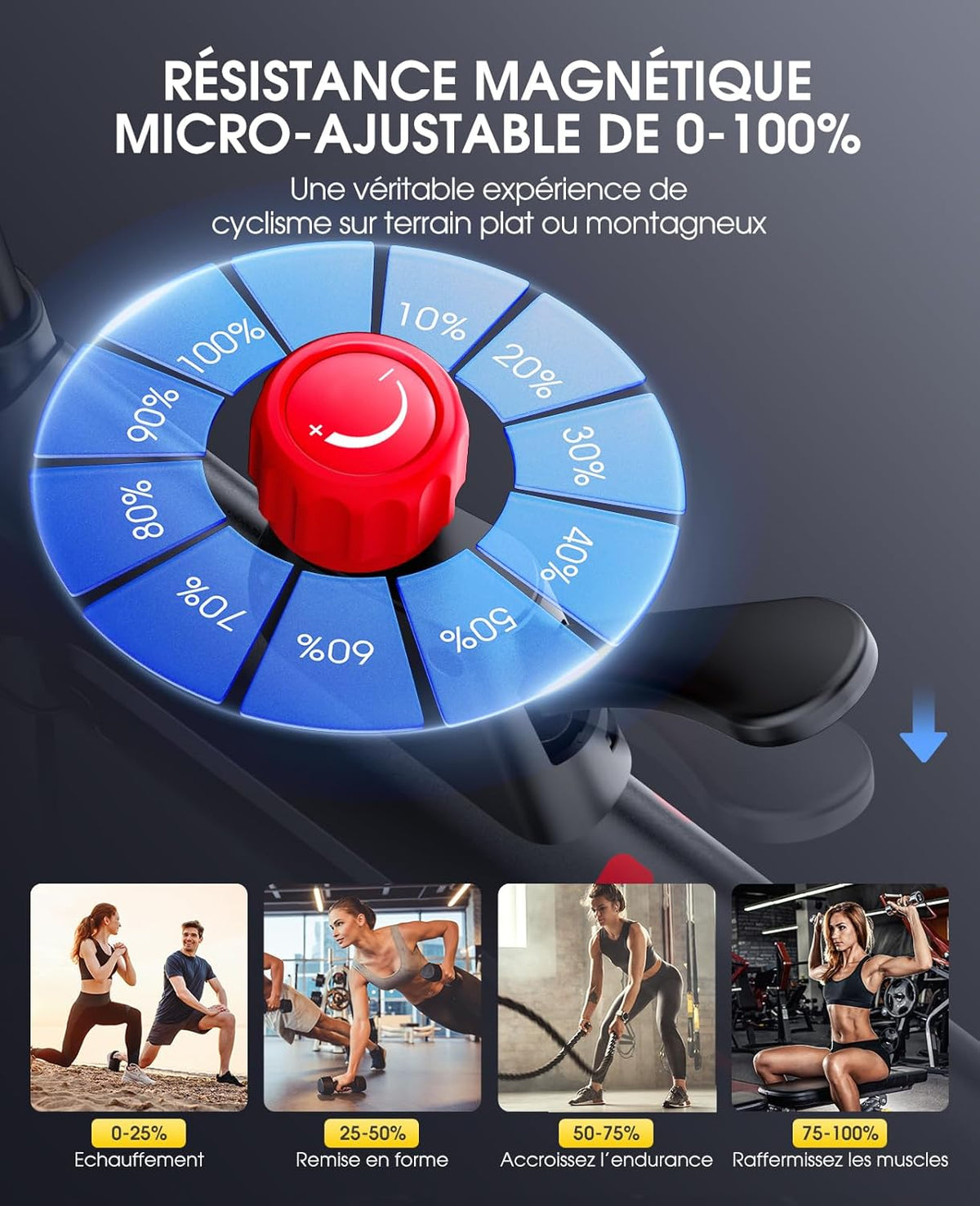 TOPUTURE Bicicleta estática conectada con App, bicicleta estática con 100 niveles de resistencia magnética, silenciosa, ergómetro LCD, bicicleta de ejercicio cardiovascular, personalice su deporte en casa, capacidad 150 kg