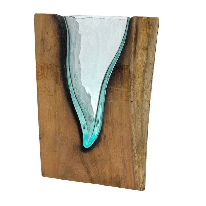 Jarrón de pared vertical de vidrio fundido sobre madera, macetero de vidrio soplado a mano, decoración rústica bohemia, pieza de acento de madera flotante, florero pequeño