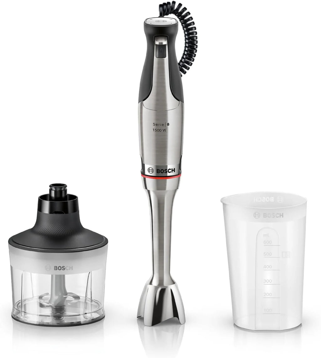 Bosch, blender ręczny, ErgoMaster Serie 8, silnik 1500 W, intuicyjna regulacja prędkości, 6-ramienne ostrze, akcesoria w zestawie, stal nierdzewna, MSM8M930
