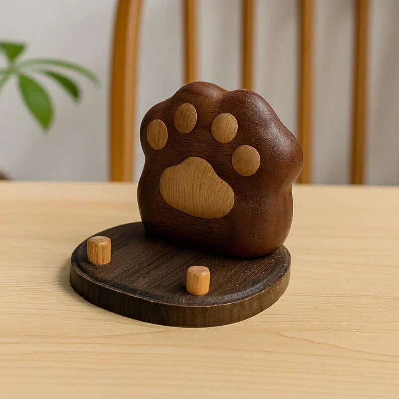 Soporte de madera hecho a mano para teléfono móvil con diseño de huella de perro, organizador de escritorio, madera natural