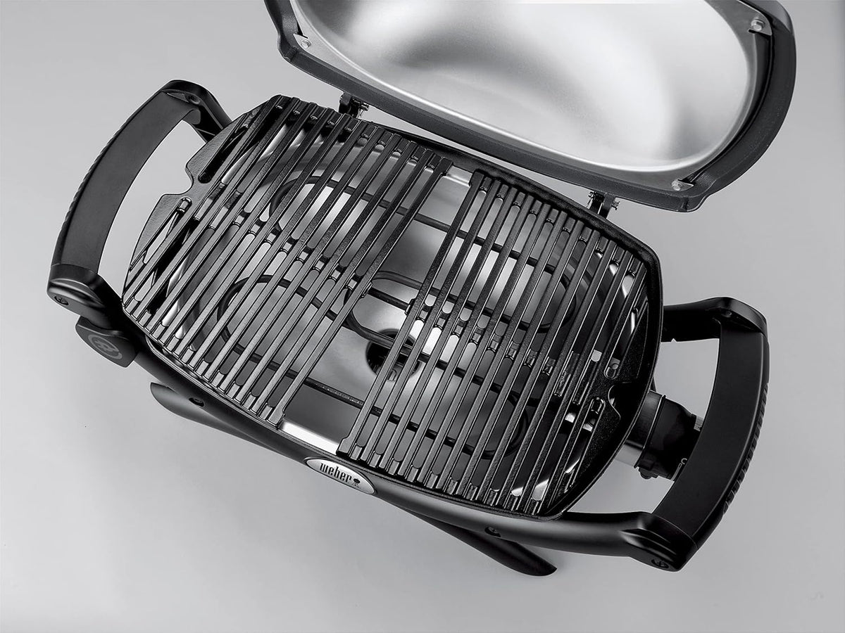 Barbacoa eléctrica Weber Q1400, superficie de cocción de 43 x 32 cm, barbacoa portátil, rejilla de cocción de hierro fundido vitrificado dividida en 2, tapa y cuerpo de aluminio fundido - Gris oscuro (52020079)