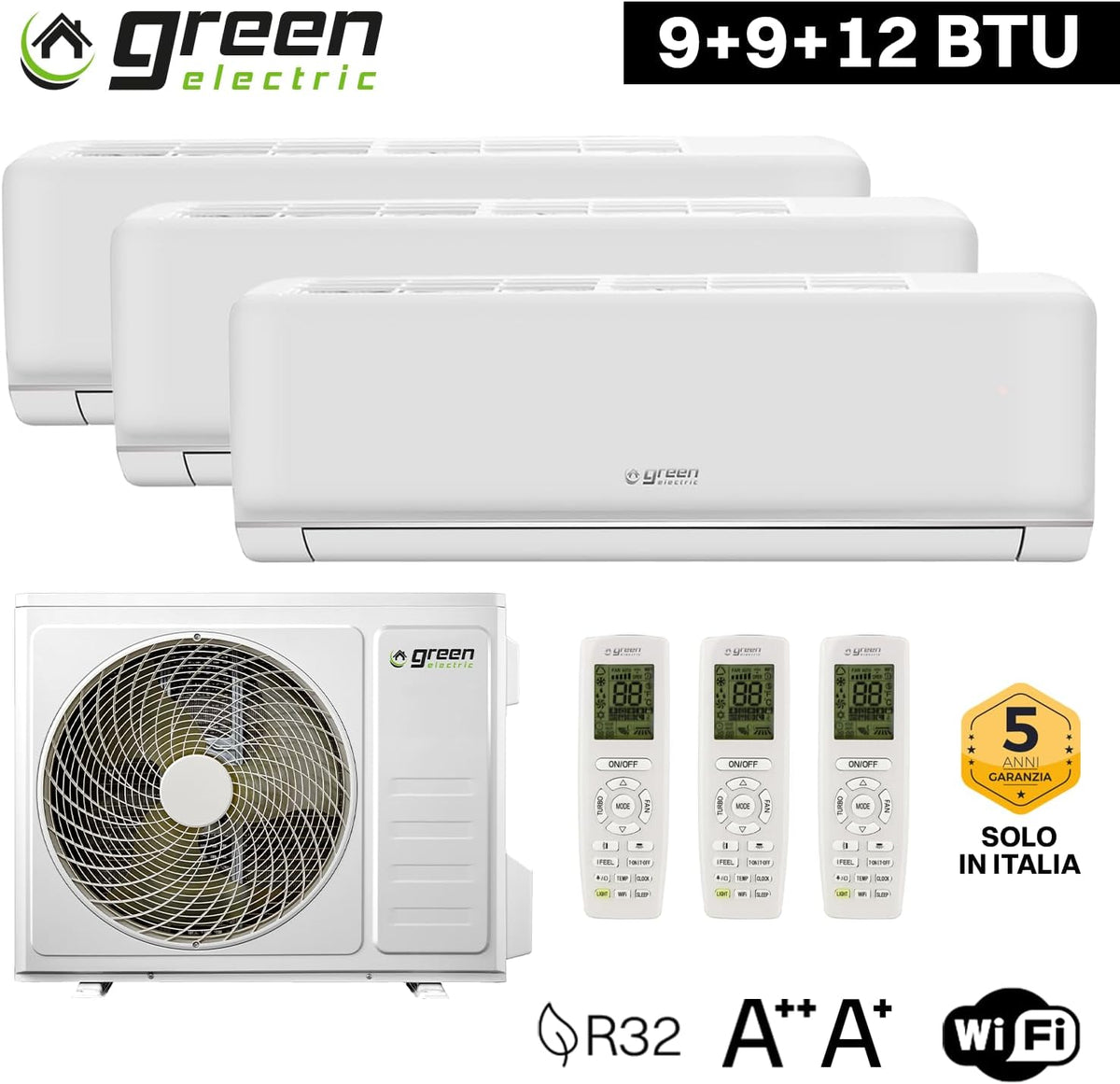 Aire acondicionado Trial Split Plus 9000 + 9000 + 12000 BTU, Wi-Fi R32, eficiencia energética A++/A+, 3 unidades interiores + 1 unidad exterior, con mando a distancia, bajo consumo energético