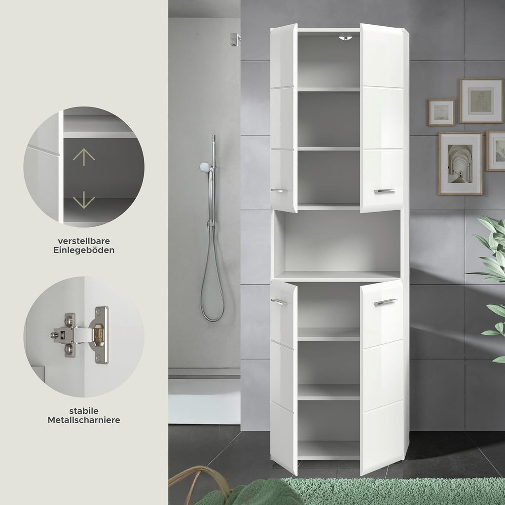 xonox.home - Armario alto Ice 60x185x30 cm, frente blanco alto brillo termoformado, cuerpo blanco - armario alto de baño ancho - elegante y funcional