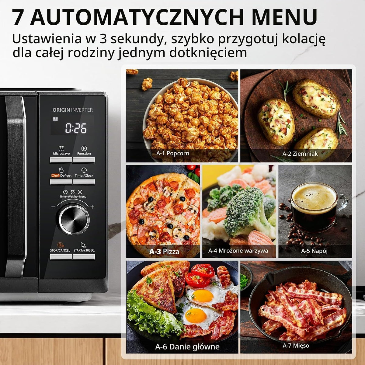 Toshiba 3 w 1 Origin Inverter kuchenka mikrofalowa z grillem, 25 litrów, kuchenka mikrofalowa 900 W, grill 1100 W, szef kuchni derost, kombi, 10 poziomów mocy, 7 automatycznych menu, kolor czarny/MW3