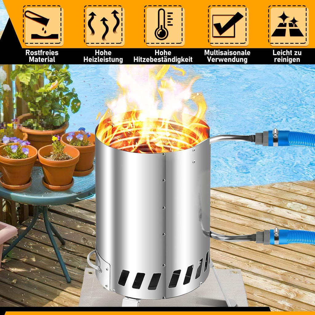 Calentador de piscina de leña Fiqops, calefactor de piscina con fuego, calentador de piscina de acero inoxidable tipo barril, horno para piscina con conexiones de 32-38 mm, calentador de piscina exterior de leña, con alfombrilla ignífuga y bandeja