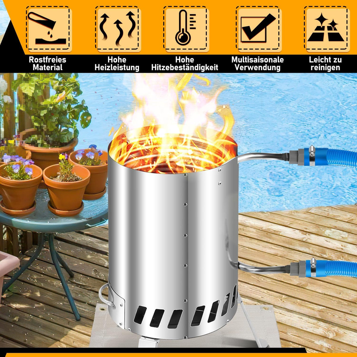 Calentador de piscina de leña Fiqops, calefactor de piscina con fuego, calentador de piscina de acero inoxidable tipo barril, horno para piscina con conexiones de 32-38 mm, calentador de piscina exterior de leña, con alfombrilla ignífuga y bandeja
