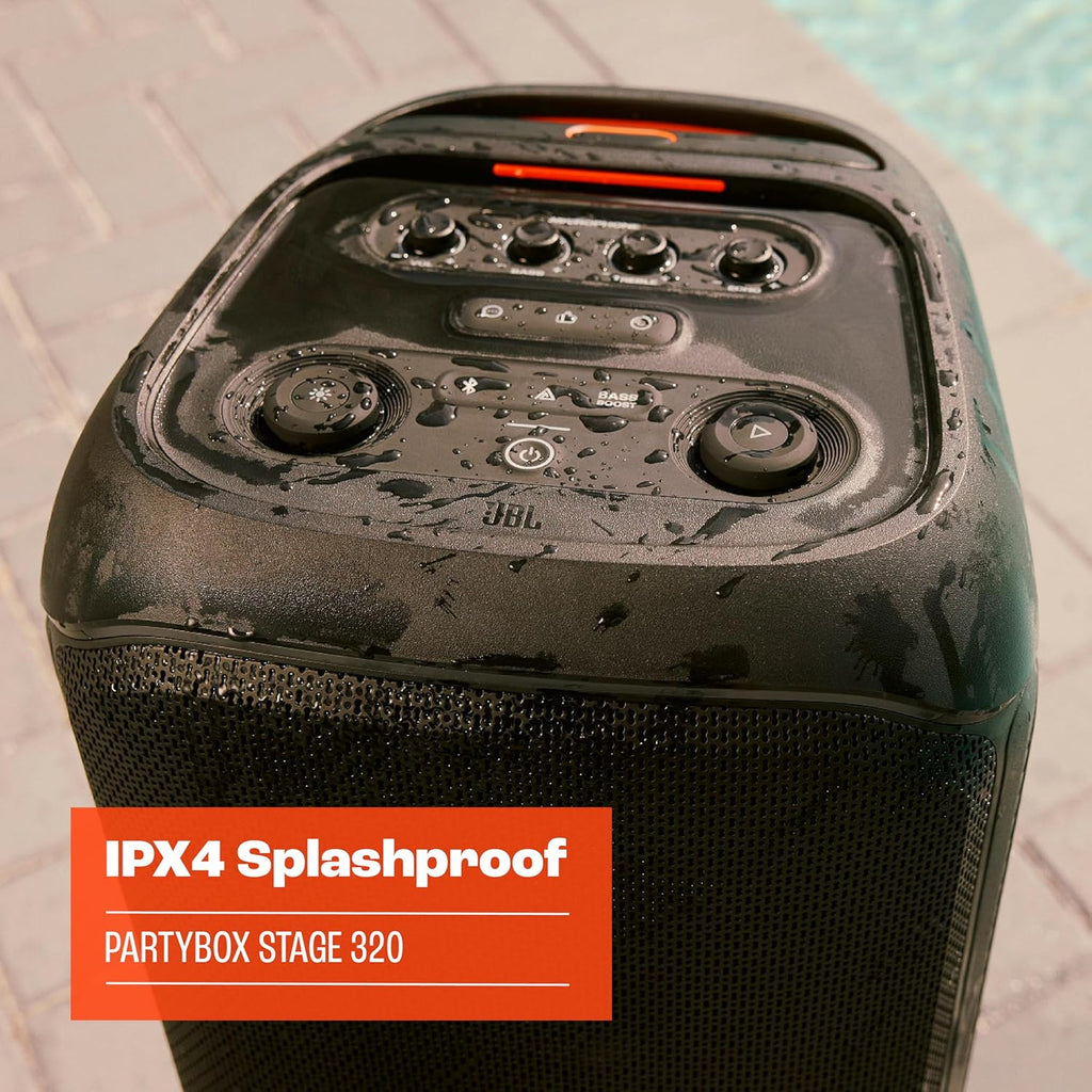 JBL Partybox Stage 120 en negro: altavoz Bluetooth portátil con sonido JBL Pro, espectáculo de luces, refuerzo de sonido con IA y asa telescópica: 12 h de autonomía