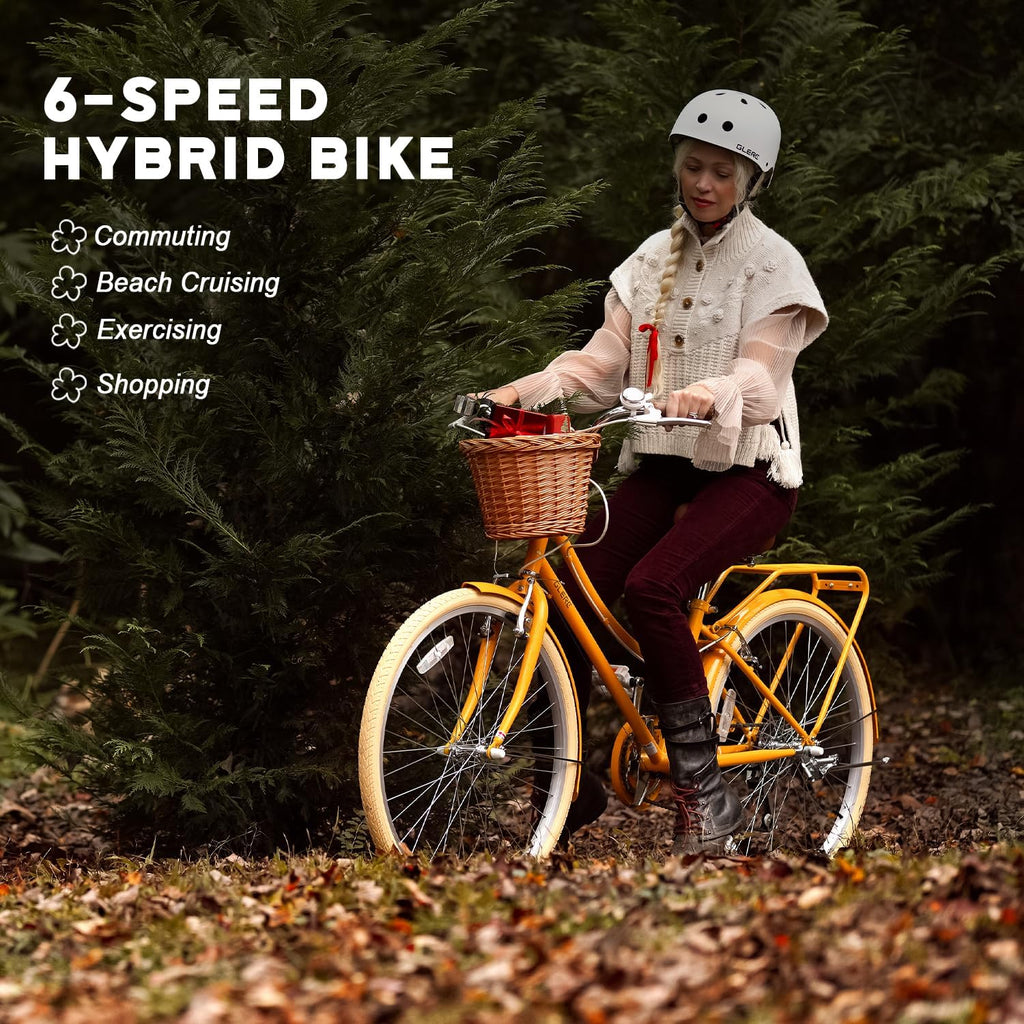 Glerc Missy 20, 24, 26 pulgadas bicicleta híbrida urbana tipo crucero para niñas, de 6 velocidades, con cesta de mimbre, para jóvenes mayores de 6 años, varios colores