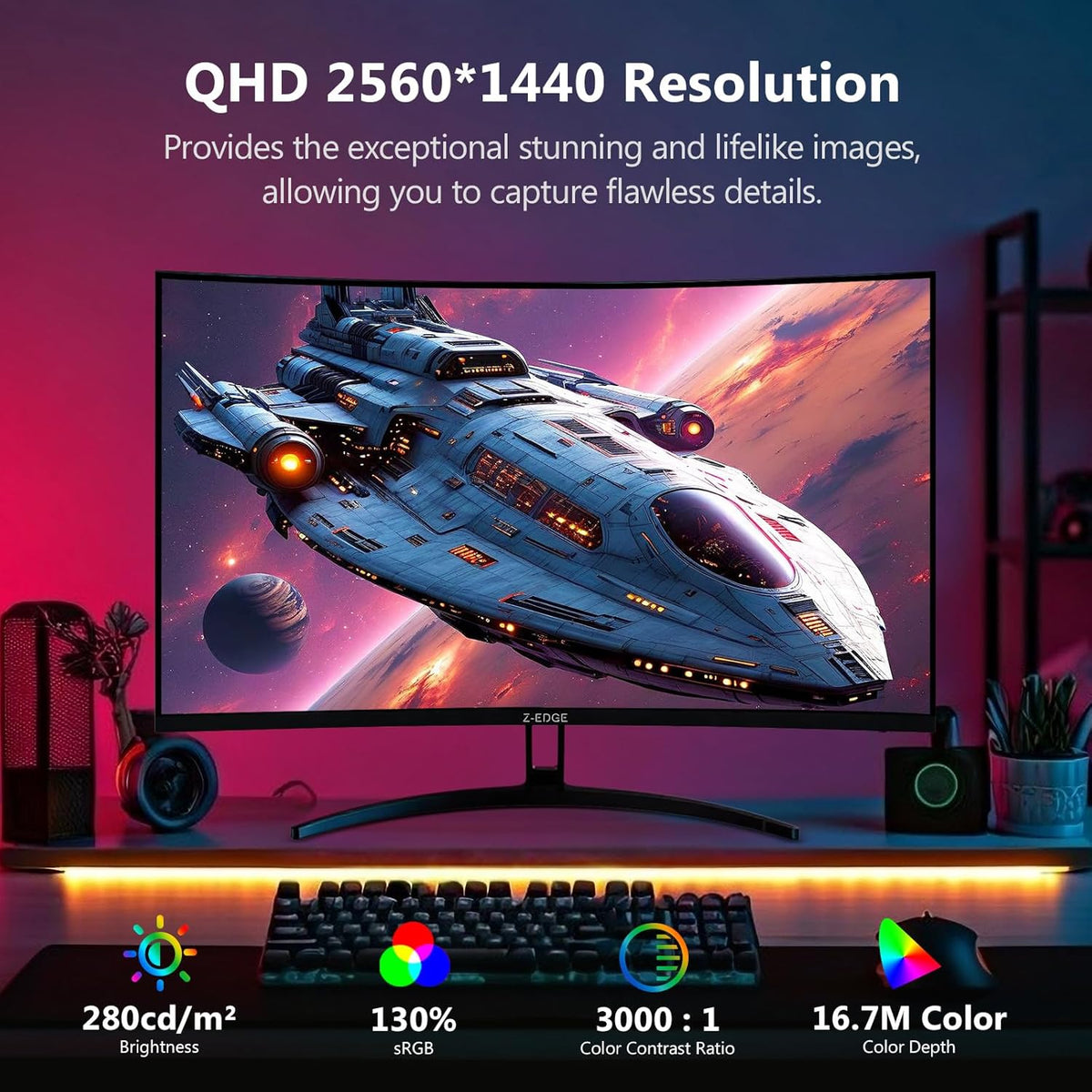 Monitor Gaming Curvo Z-Edge 32'' 2K QHD (2560x1440), 1ms, 170Hz, Pantalla Gaming 16:9, AMD FreeSync, Inclinación Ajustable, 1500R VA, 2×DP1.4 & 2×HDMI2.0, 3000:1, RGB, VESA 75*75mm (Cable HDMI incluido)