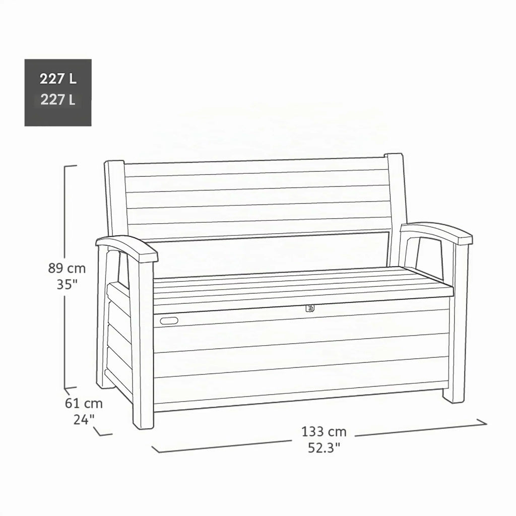 Banco de jardín 130x60x85 cm, banco de almacenamiento resistente a la intemperie, 227 L de espacio de almacenamiento, diseño de madera de palisandro, dos plazas