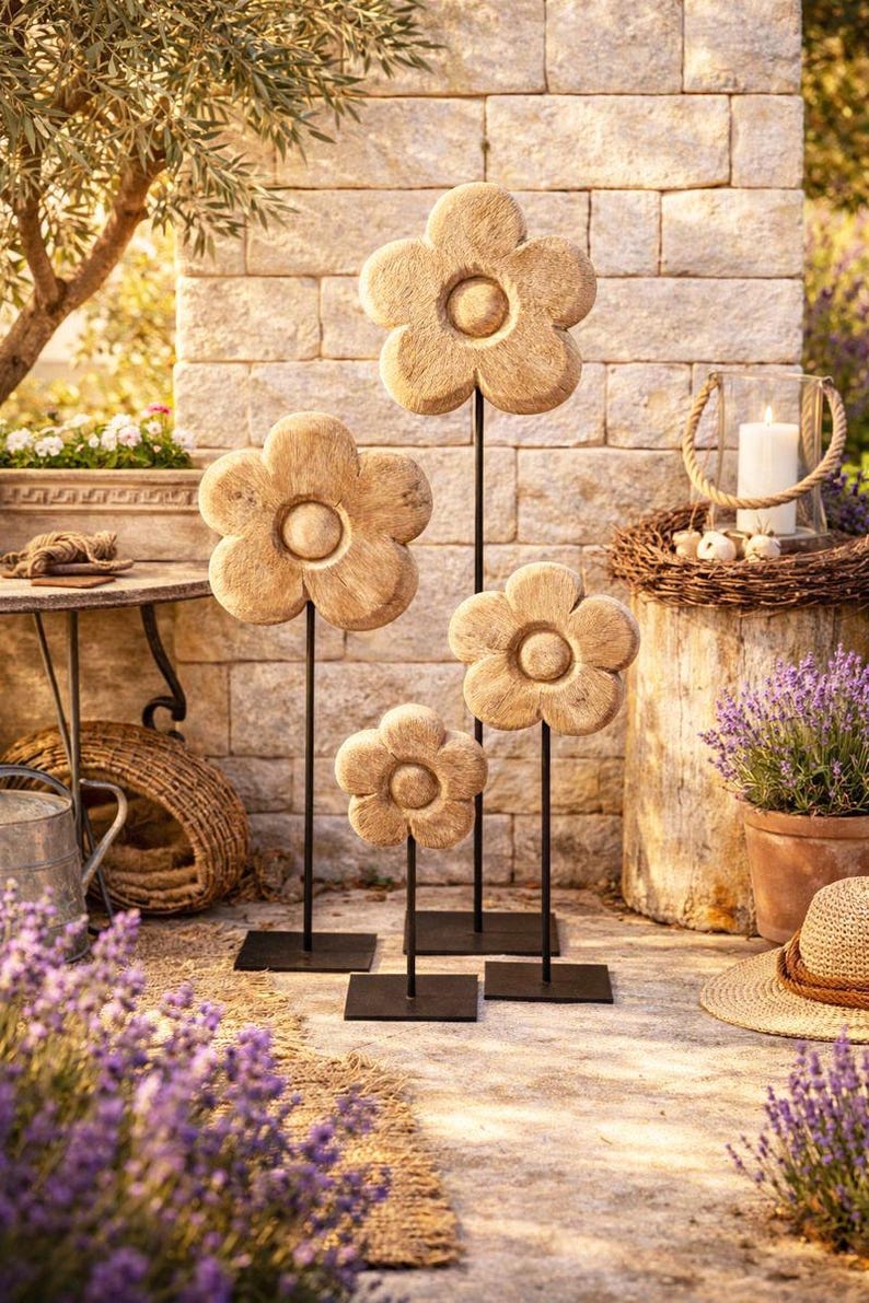 Flor de madera sobre soporte de metal 3 tamaños 130/90/50 cm decoración madera accesorio para el hogar
