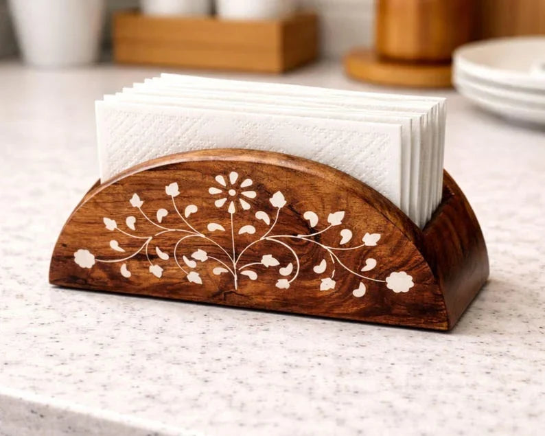 Juego de 2 servilleteros de madera con diseño floral para mesa