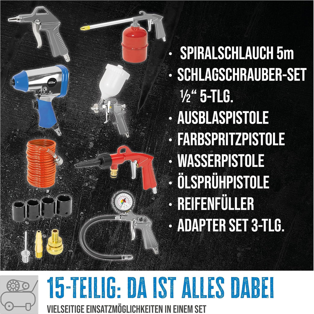 Set de compresor Güde 405/10/50 15T (lubricado por aceite, 10 bar, 2200 W, depósito de 50 l, caudal efectivo 250 l/min, 2 manómetros, 2 acoplamientos de aire comprimido, válvula de seguridad y tornillo de purga, incluye set de accesorios)