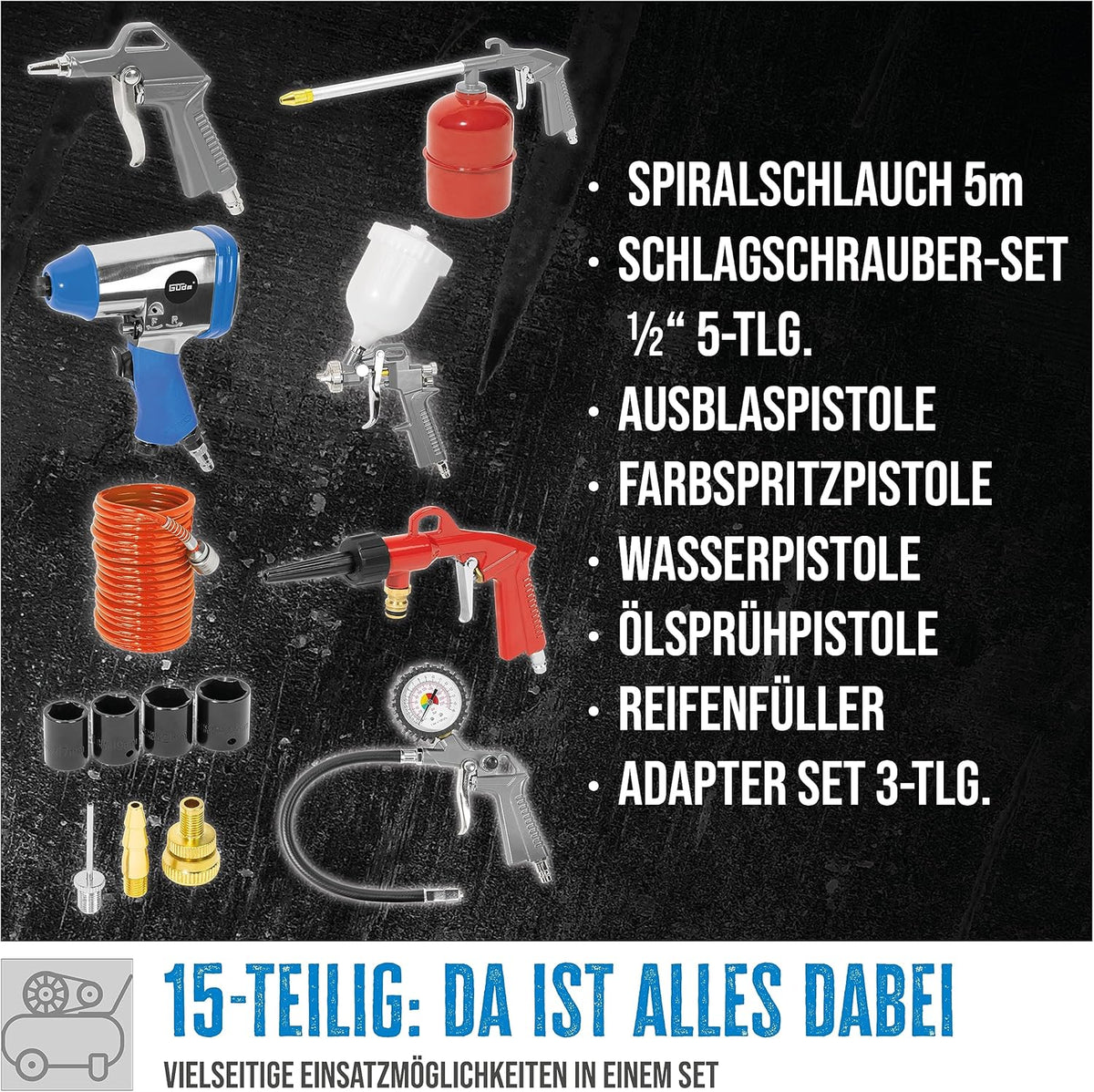 Set de compresor Güde 405/10/50 15T (lubricado por aceite, 10 bar, 2200 W, depósito de 50 l, caudal efectivo 250 l/min, 2 manómetros, 2 acoplamientos de aire comprimido, válvula de seguridad y tornillo de purga, incluye set de accesorios)