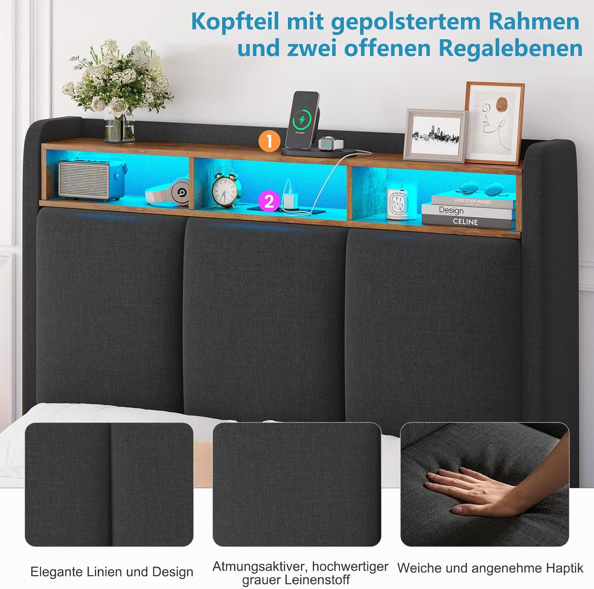 Cama tapizada Brinlawb 90x200 cm, cama flotante con iluminación LED y estación de carga (2 tomas de CA, 1 puerto USB-A, 1 puerto USB-C), cama juvenil 90x200 con cabecero acolchado, cama 90x200 con espacio de almacenamiento, gris