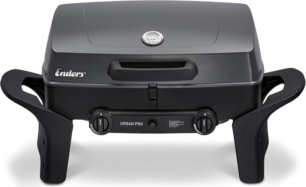 EndersGasgrill Urban II Pro, parrilla de mesa, función de asado, cocción y horneado, 2 quemadores de acero inoxidable, con termómetro para parrilla, parrilla para balcón y camping, carcasa de aluminio fundido, rejilla de hierro fundido, #2062