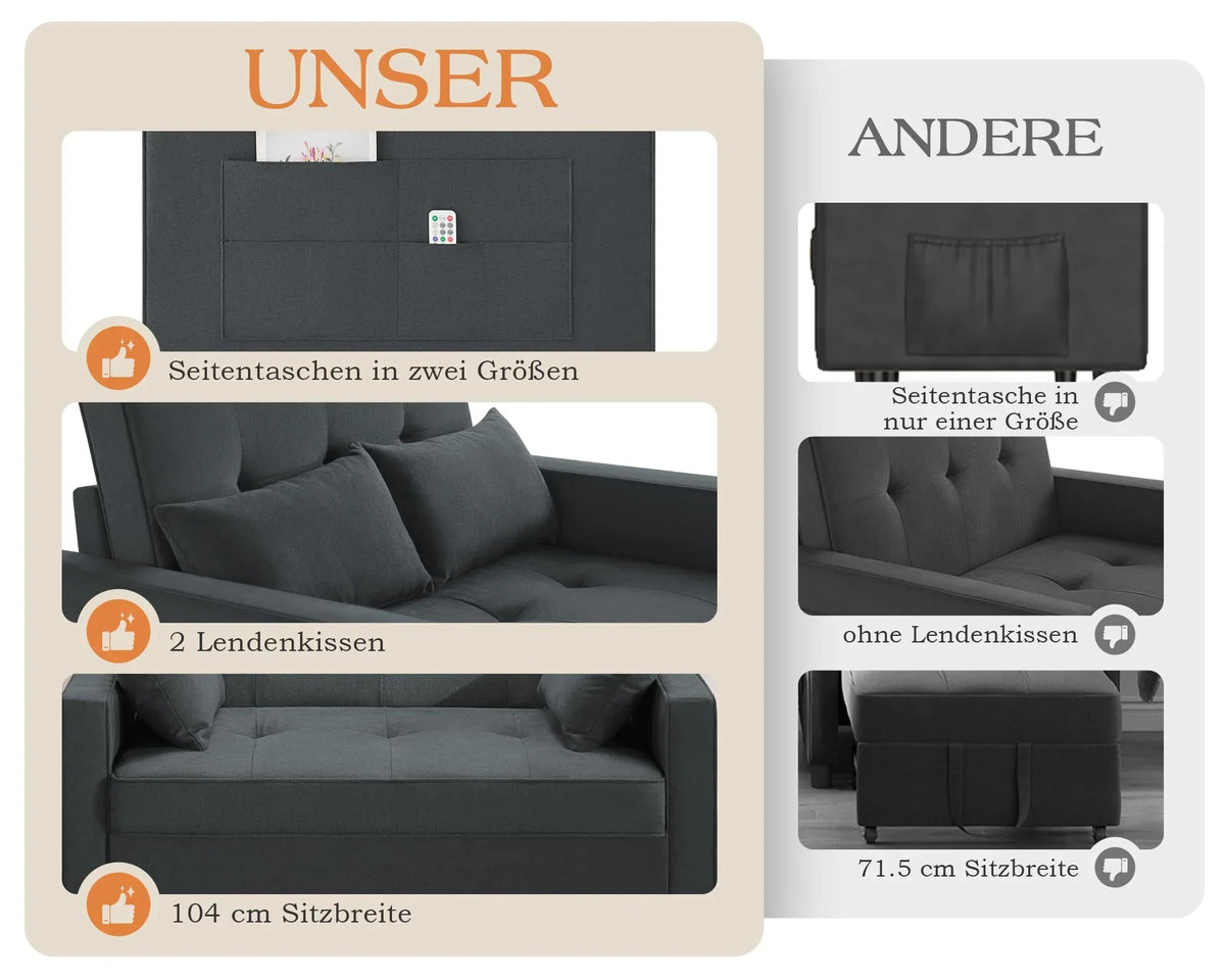 Sofá cama 3 en 1 LUXOAK 186 x 122 cm, gris, respaldo ajustable, acolchado cómodo de 12 cm, estructura de madera maciza y metal