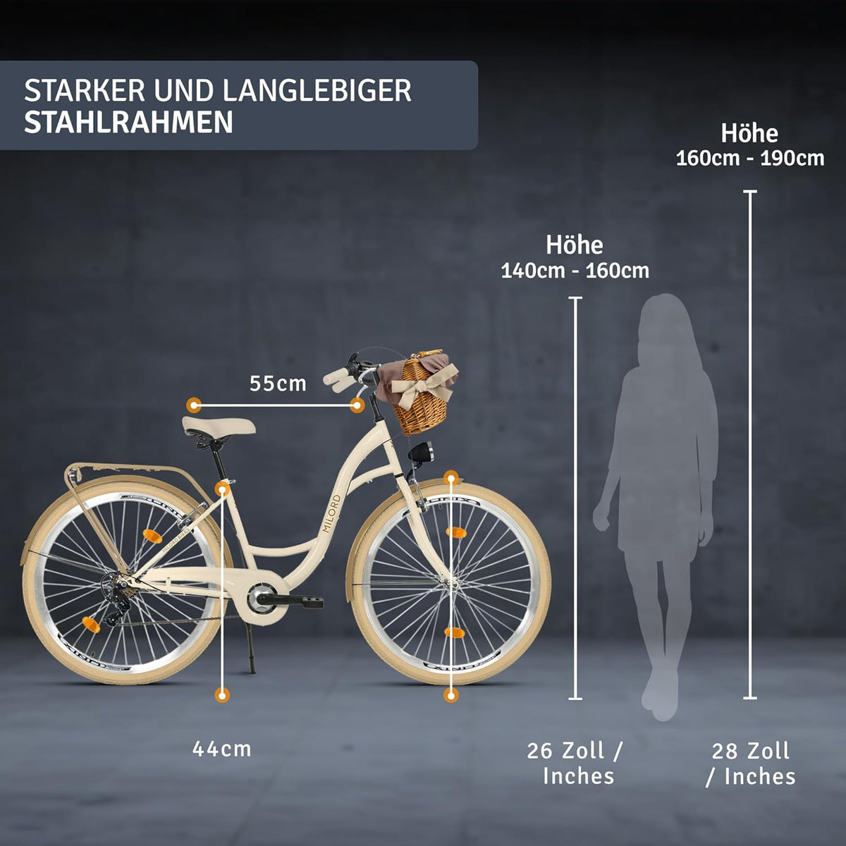 Bicicleta de paseo genérica Komfort, bicicleta urbana con cesta de mimbre, bicicleta para mujer, estilo holandés, 28 pulgadas, crema y marrón, 7 velocidades