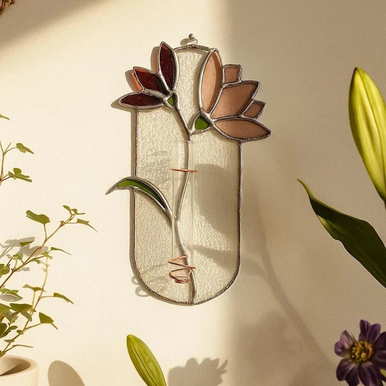 Jarrón de vidrio rosa con tubo de ensayo | Florero de pared de magnolias con técnica Tiffany de lámina de cobre | Decoración atrapasueños boho