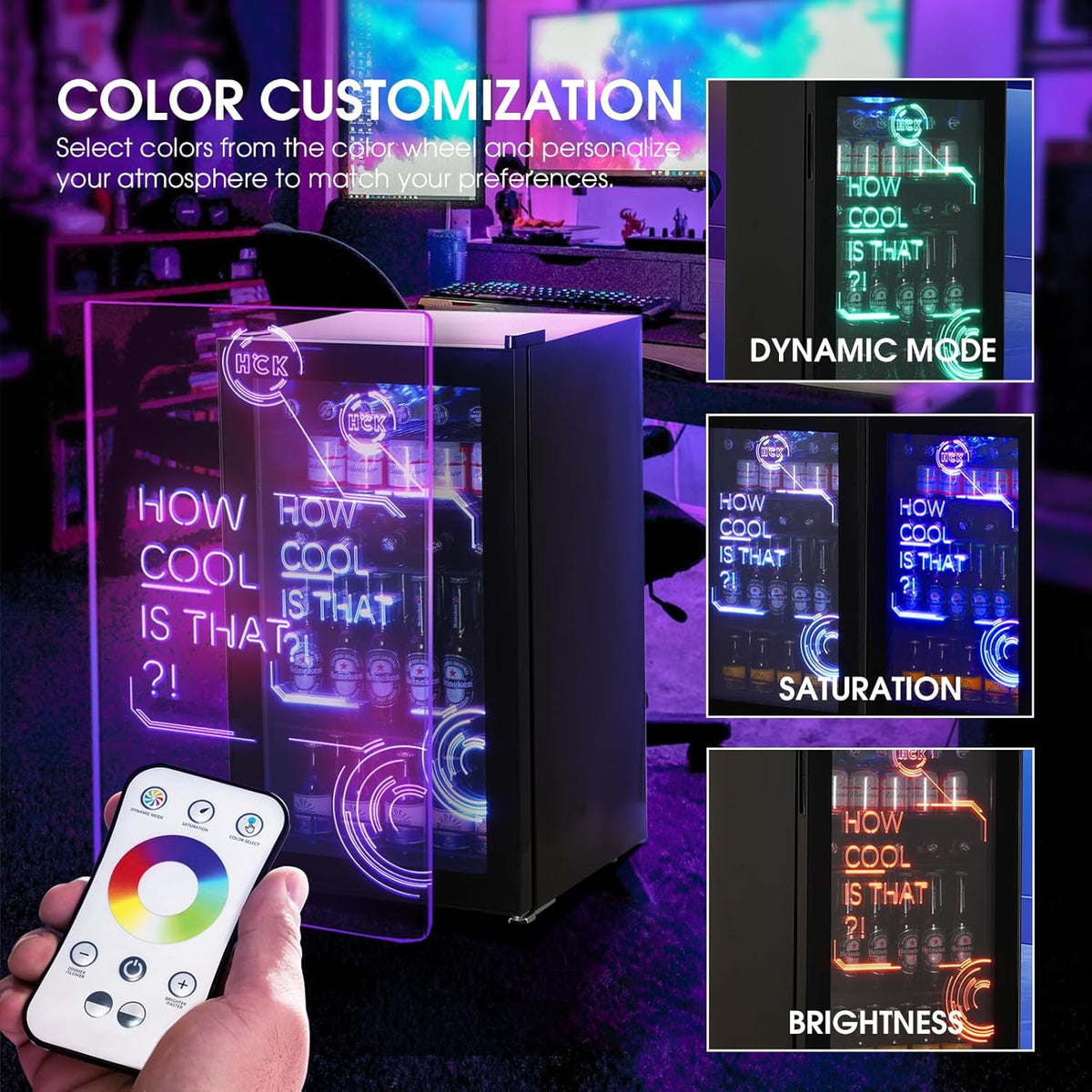 HCK Refrigerador para bebidas, mini nevera con iluminación moderna cyberpunk, 98 L, mini refrigerador silencioso de 0-10 °C, minibar para interiores, para sala de juegos, fiestas, negro.