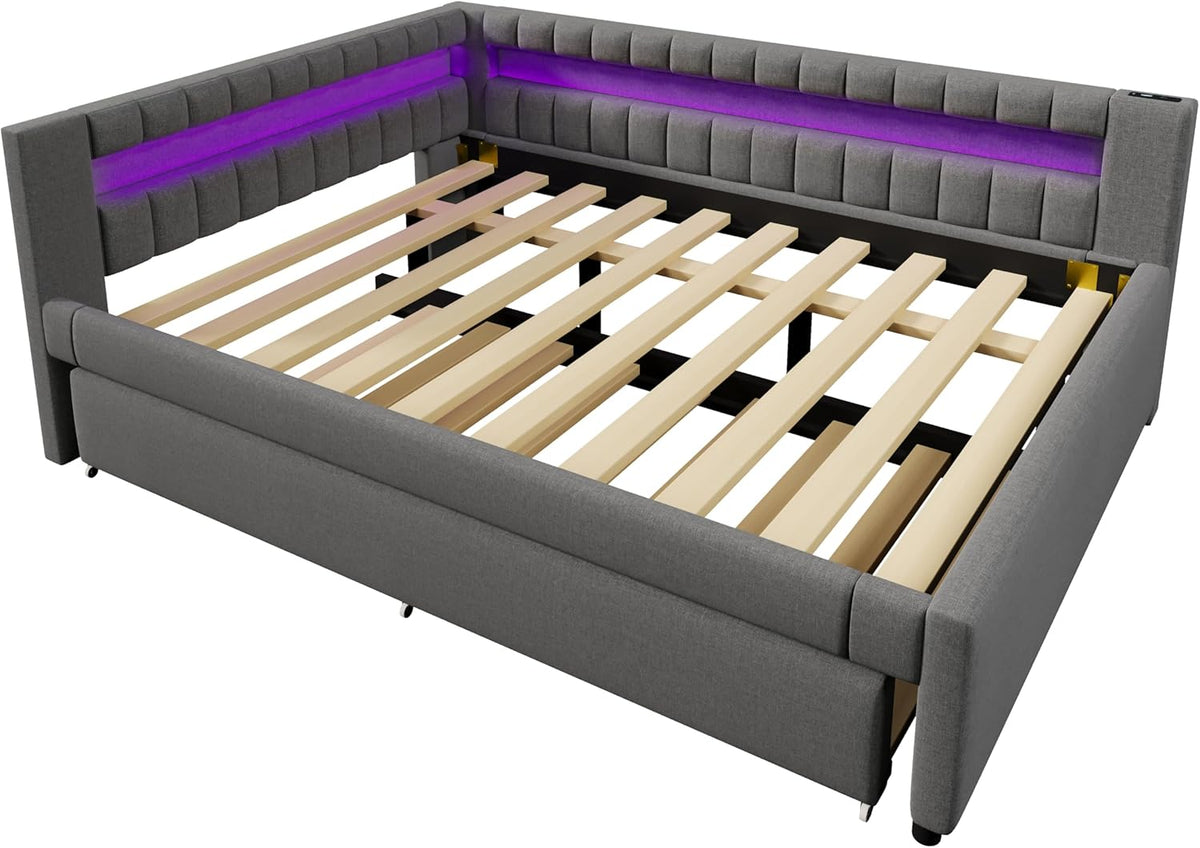 Cama tapizada con sofá cama 140x200 con iluminación LED y función de carga USB tipo C, estructura de cama con cama extraíble y somier, cama doble, diván, cama de día, cama de invitados, cama juvenil, lino, sin colchón, gris