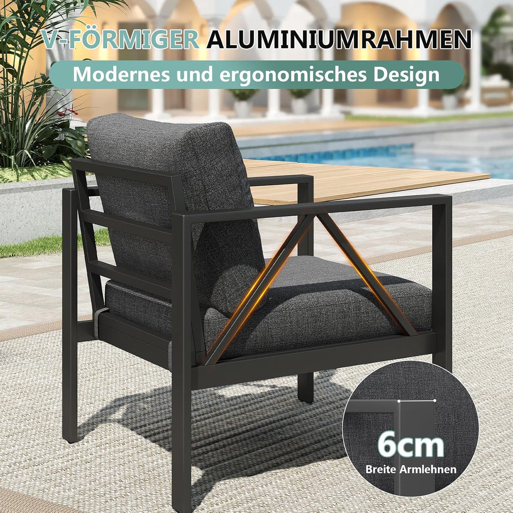 Conjunto de muebles de jardín de aluminio OMERAI de 5 piezas, incluye funda protectora impermeable para 7 personas, salón de jardín exterior con sofá, sillones y mesa, conjunto de jardín para jardín, terraza y balcón, gris oscuro
