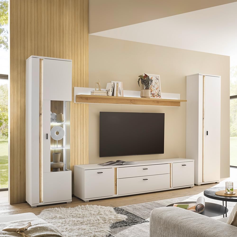 Set de mueble de salón Lomadox de 4 piezas, muebles de sala en blanco y roble, estilo moderno, incluye 1 vitrina, 1 armario alto, 1 mueble bajo, 1 estante de pared e iluminación LED.