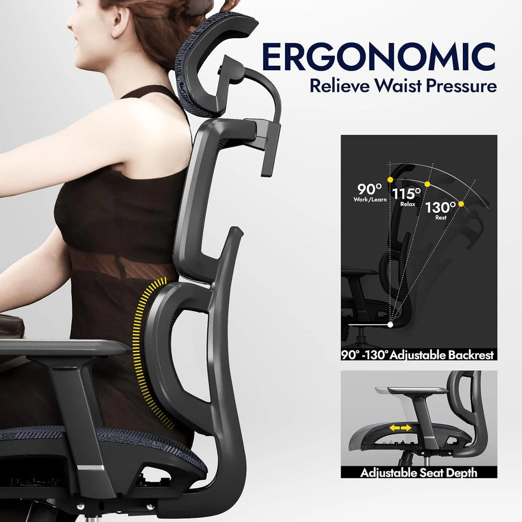 Ergonomiczne krzesło biurowe, ALL-Mesh wysokie oparcie, domowe krzesło biurowe, podparcie lędźwiowe, fotel gamingowy, regulowane podłokietniki i zagłówek 3D, duże i wysokie obrotowe krzesło