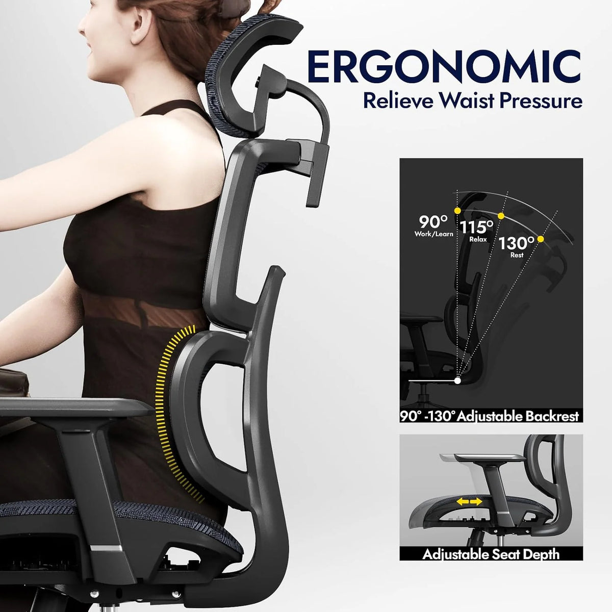 Ergonomiczne krzesło biurowe, ALL-Mesh wysokie oparcie, domowe krzesło biurowe, podparcie lędźwiowe, fotel gamingowy, regulowane podłokietniki i zagłówek 3D, duże i wysokie obrotowe krzesło