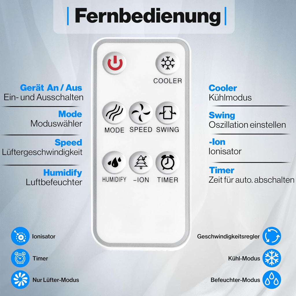 KESSER® Aire acondicionado móvil 4 en 1, enfriador de aire con mando a distancia y temporizador, depósito de agua de 10 L, ionizador y humidificador, ventilador, climatizador sin tubo de escape, 3 niveles, incluye acumuladores de frío