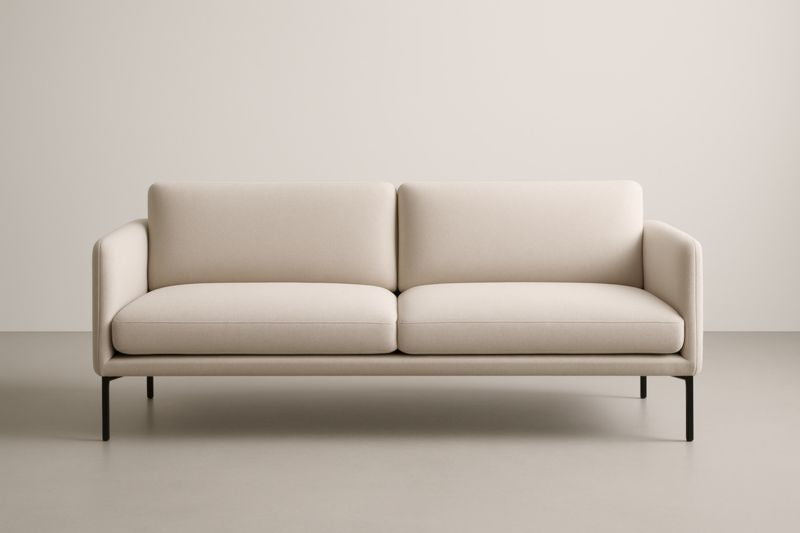 Sofá de tres plazas, tela beige, metal