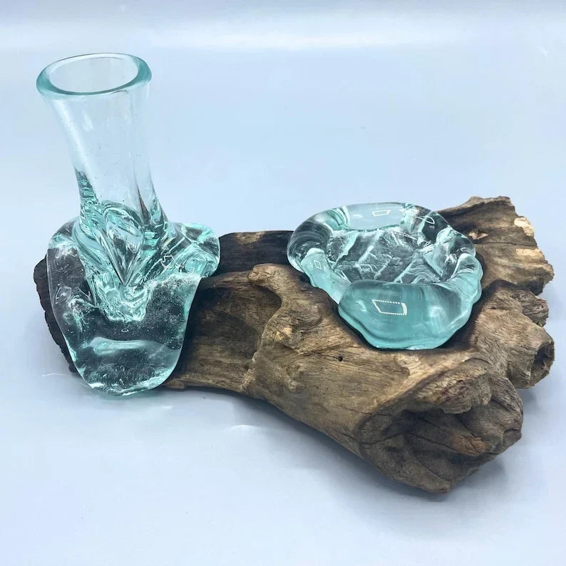 Jarrón de cristal sobre madera a la deriva con portavelas – Vidrio fundido sobre madera, decoración rústica de bosque, mini florero
