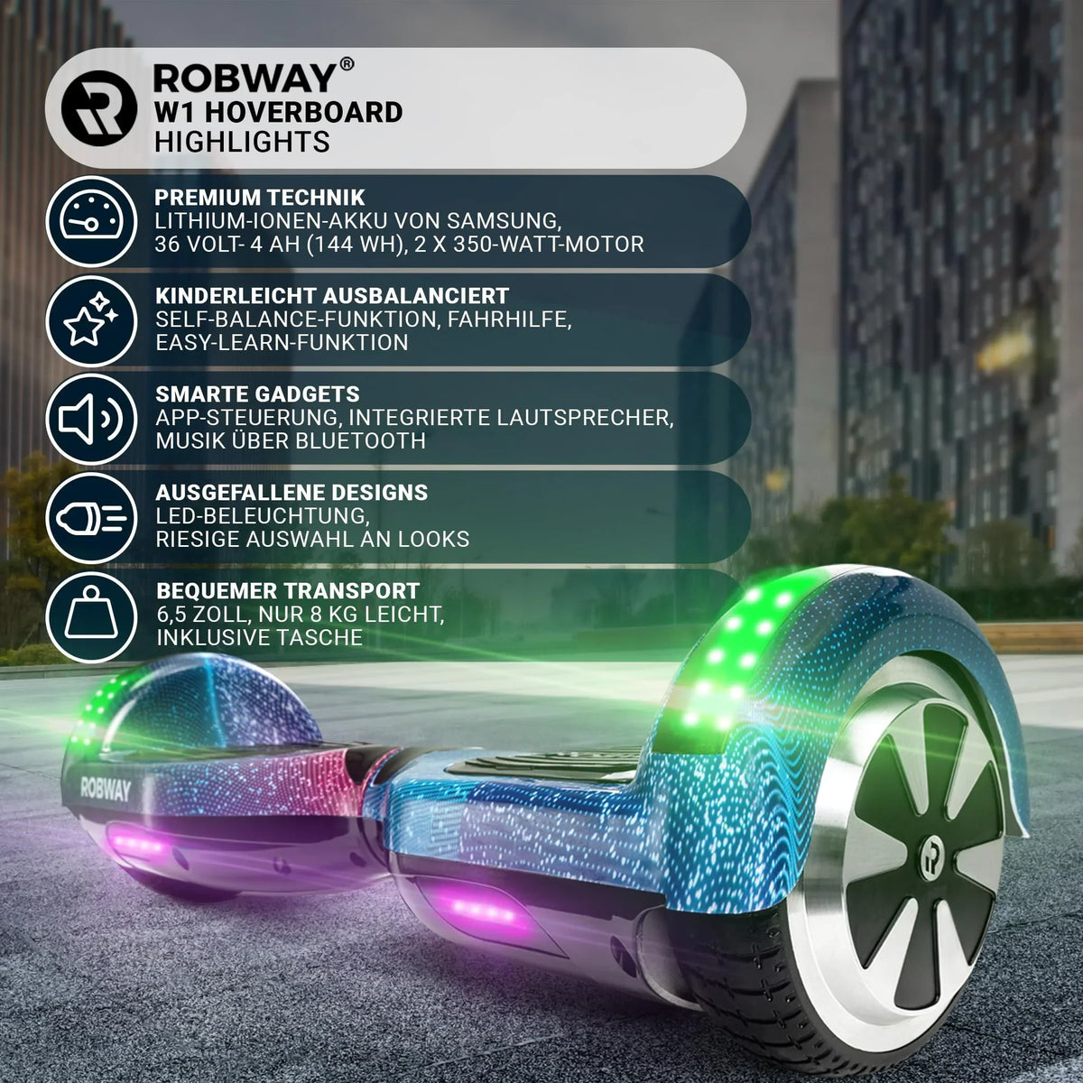 Hoverboard Robway W1 para niños, jóvenes y adultos, control por aplicación, 2 x 350 vatios, función de autoequilibrio, Bluetooth