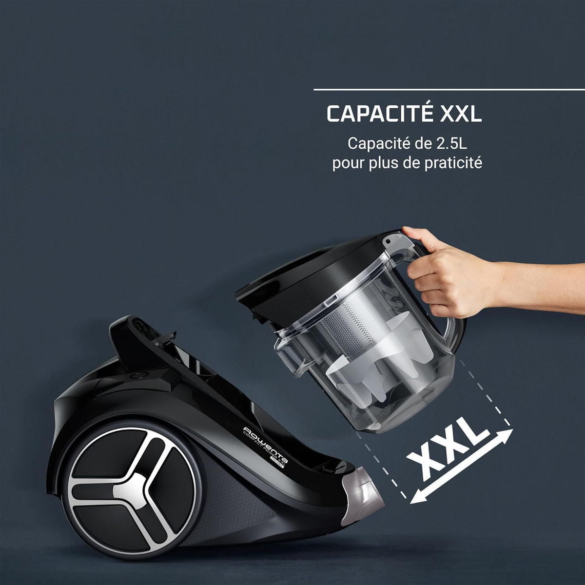 Aspirateur sans sac Rowenta Compact Power XXL Animal, Moteur basse consommation 900W max, Haute filtration, Bac à poussière 2,5L, Compact, RO4B50EA, Gris