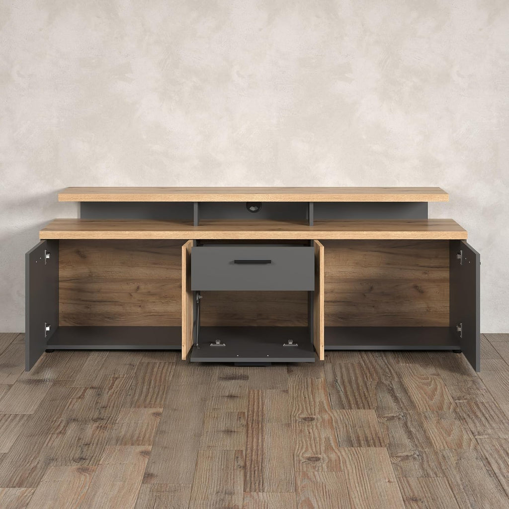Mueble para TV trendteam smart living Esteban, gris/roble, con 4 puertas, 1 cajón, 1 puerta abatible, 3 compartimentos abiertos (ancho x alto x fondo) 180 x 67 x 47 cm, 2 puertas con diseño estriado, montaje reversible (derecha/izquierda)