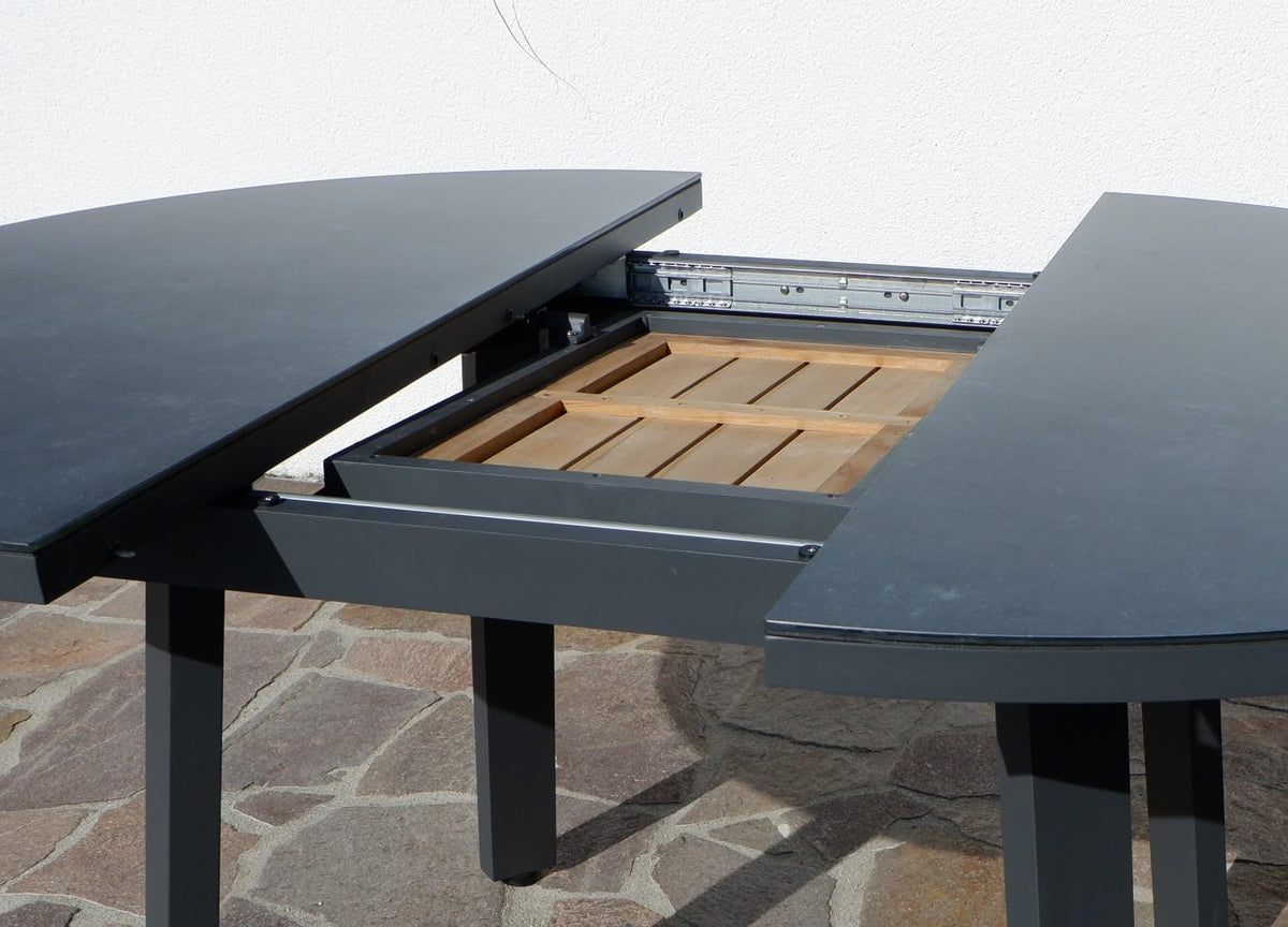ALEOS. Conjunto de jardín, set de aluminio y teca con mesa redonda extensible de 120 cm a 160 cm + 6 sillas apilables, color antracita Trinidad