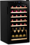°CUBES Lodówka na wino, 28 butelek (90 l) z eleganckimi szklanymi drzwiami i wysokiej jakości półkami z drewna bukowego, 5-18°C, niski poziom wibracji i cicha (40 dB) | szafka na wino z wyświetlaczem