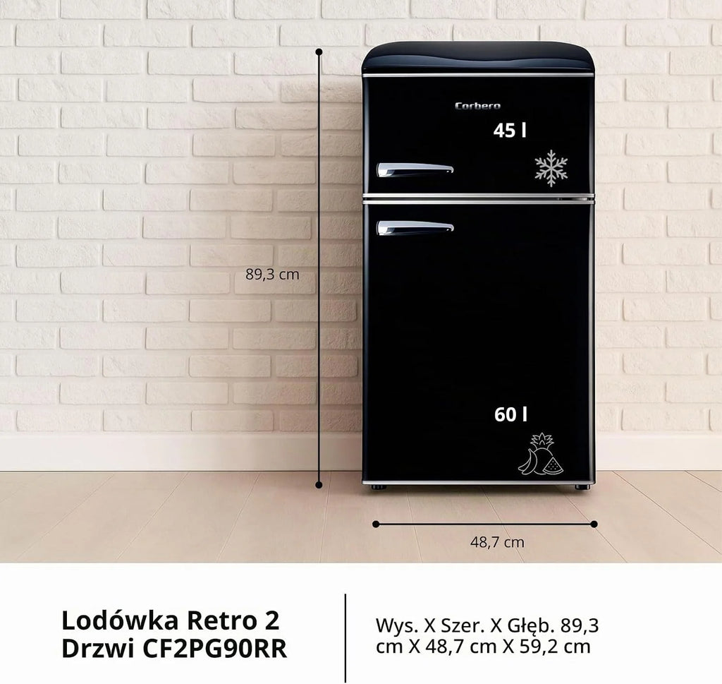 Corberó CF2PG90RN lodówka statyczna retro, 35 x 48 x 51 cm, pojemność 86 l, zamrażarka 26 l, 37 dB oświetlenie wewnętrzne, szklane półki, nogi poziomujące, czarna