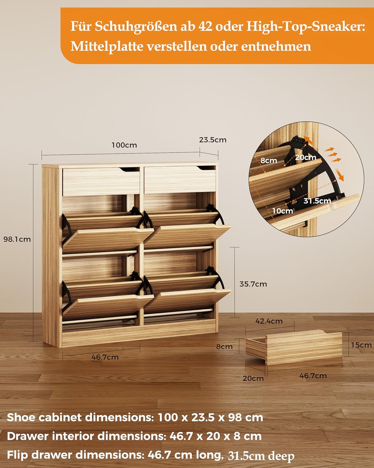 Zapatero IRONCK con 4 puertas abatibles, mueble zapatero estrecho con 2 cajones, estante para zapatos independiente, zapatero tipo cómoda con divisores ajustables, armario zapatero para recibidor, entrada y salón (madera)