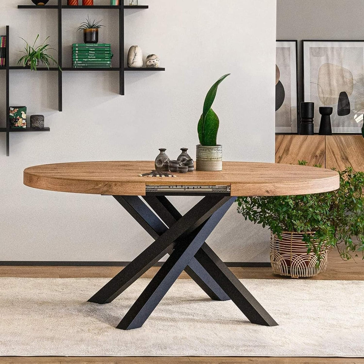 MOBILI FIVER, Mesa redonda extensible Emma, 120-160 cm, Roble rústico con patas cruzadas negras, Made in Italy