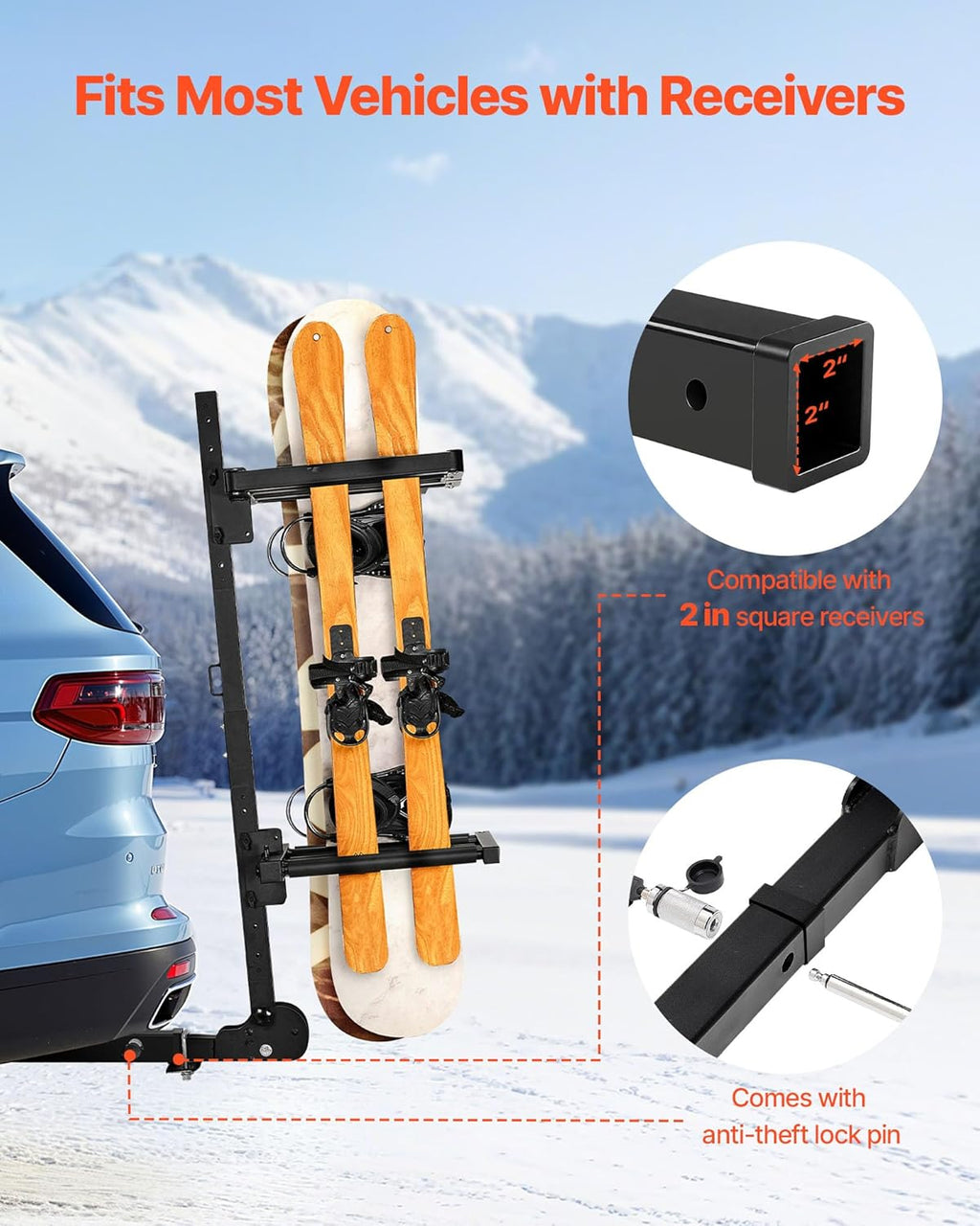 Portaesquís de remolque plegable VEVOR, compatible con receptor de 5 cm, soporte ajustable para tablas de snowboard, capacidad para 6 pares de esquís o 4 tablas, con cerradura, correa de seguridad, acceso inclinable