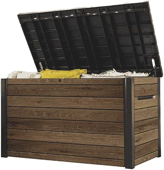 Arcón de almacenamiento Keter Signature 870L nogal - Caja de jardín con aspecto de madera y función de asiento - Baúl para cojines resistente a la intemperie con pistones de gas