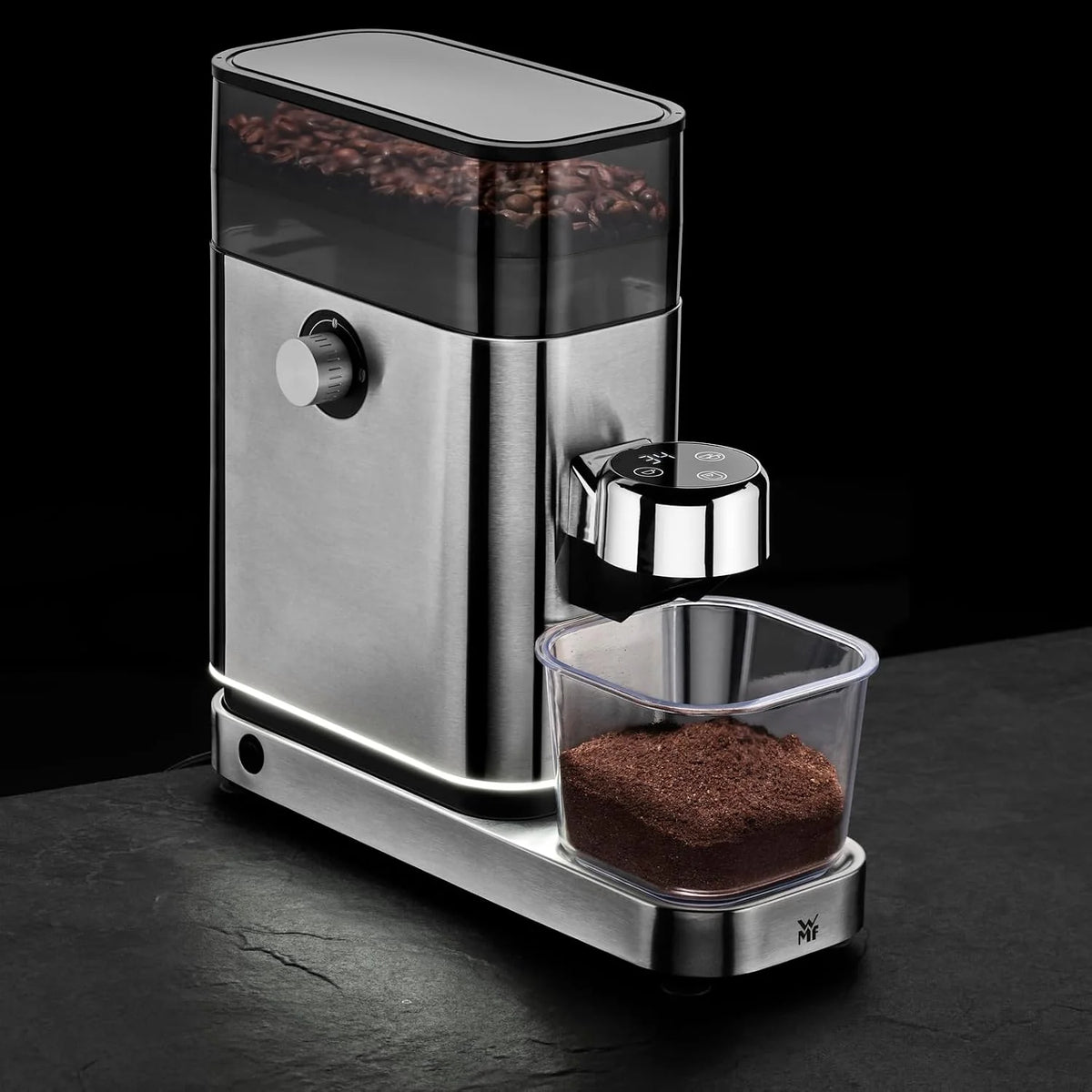 WMF Lumero elektryczny młynek do espresso 150 W, przyciski dotykowe LED, 40 stopni mielenia, pojemnik na kawę, stal nierdzewna Cromargan matowa