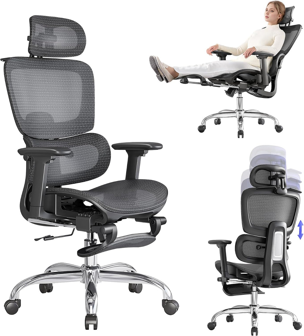 LarkLeaves Ergonomiczny Fotel Biurowy z Podnóżkiem Czarny L10 Lite